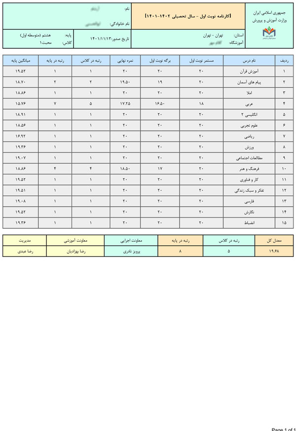 کارنامه-پایان-ترم-اول-پایه-هشتم